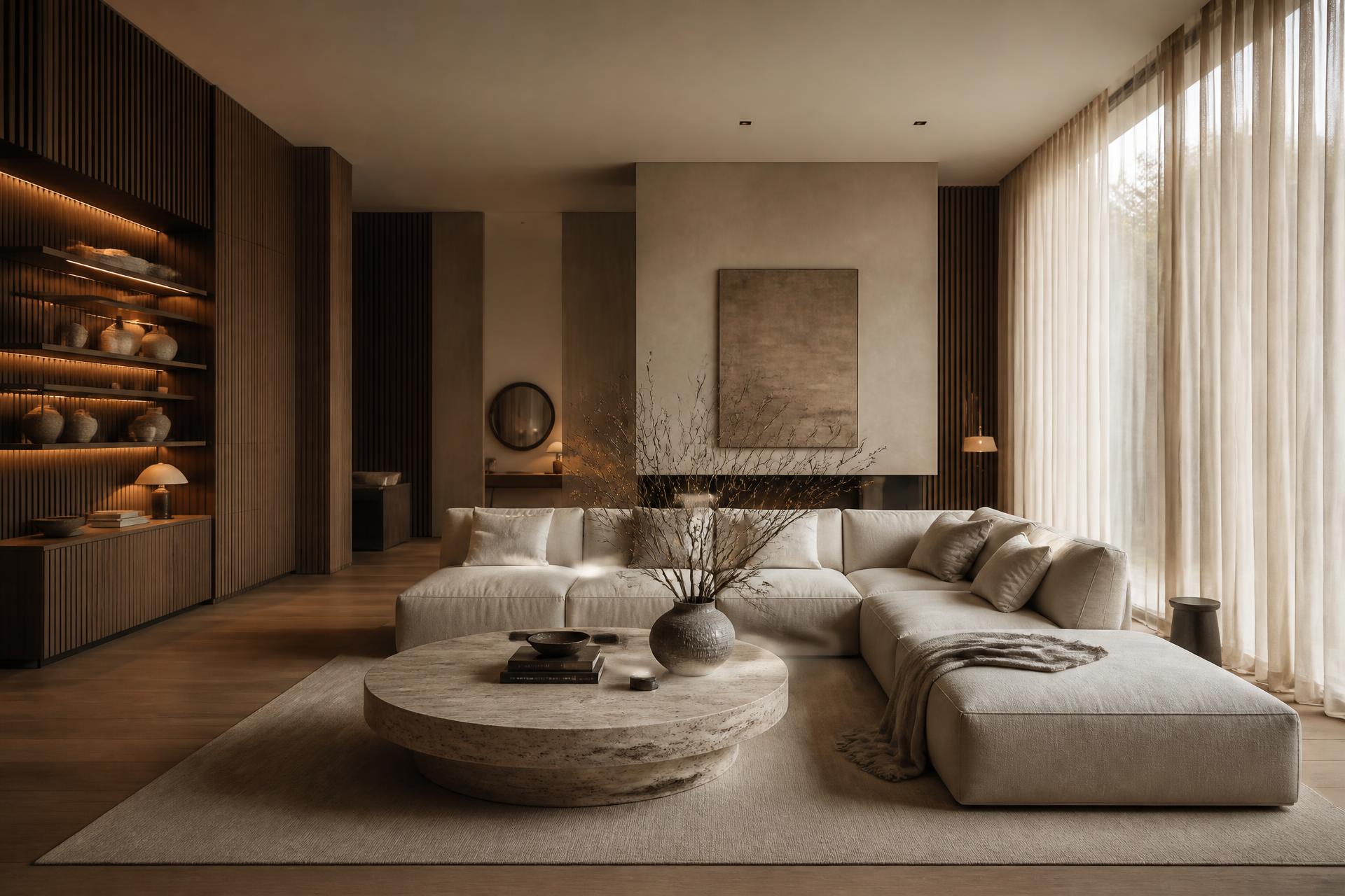 Warm minimalist living room with travertine coffee table and sheer linen drapery